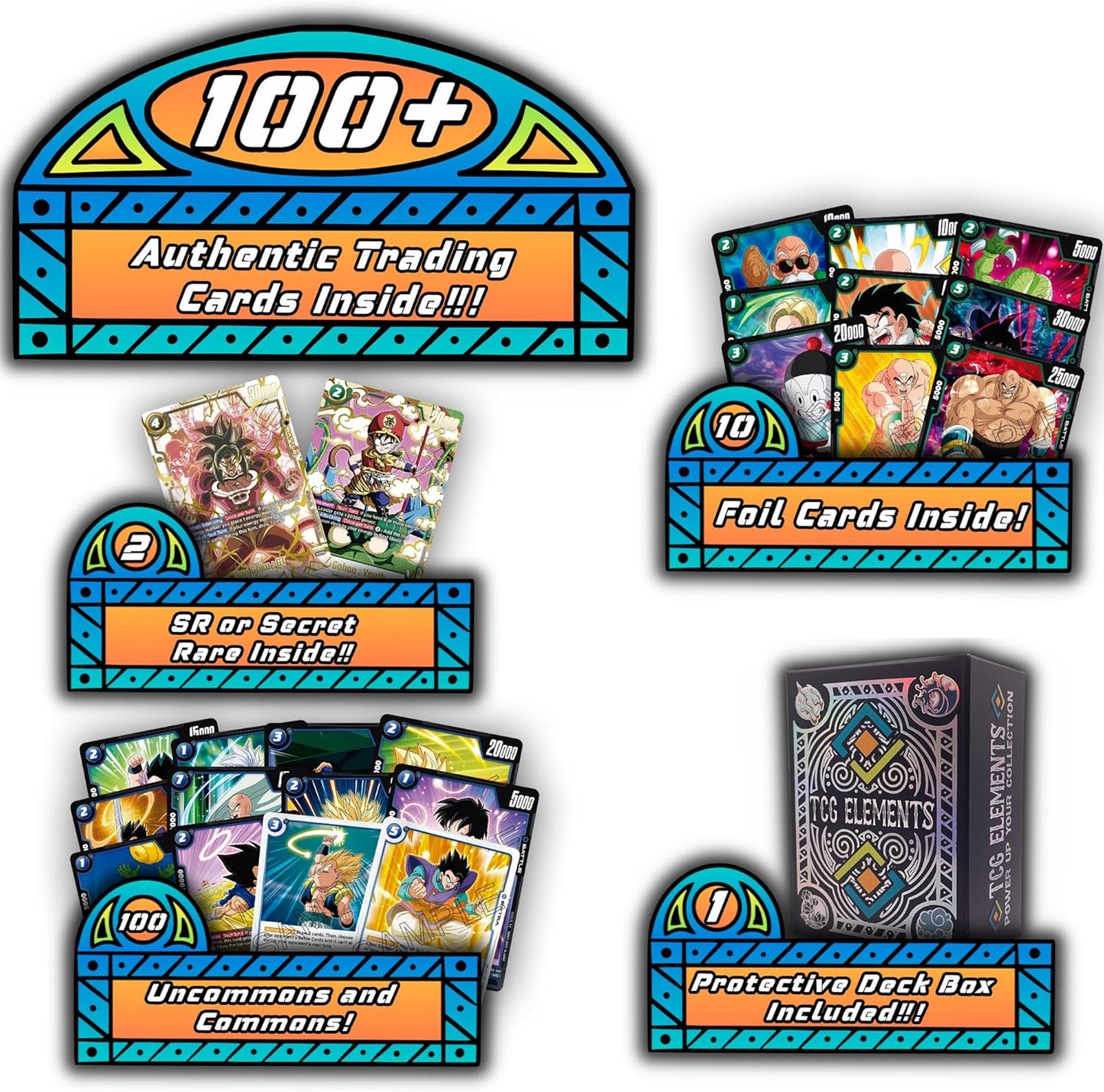Dragon Ball Super Fusion World 100 Card Bundle, 100 Authentic Cards, 10 Foils, 2 SR/ALT, TCG Elements Deck Box