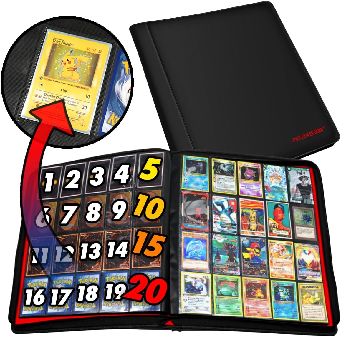 1280+ Cards 20 Pocket Card Binder Collector Card Album - Pages Compatible with Pokemon Cards, Sports Cards, Yugioh, MTG and Other TCG - Trading Card Sleeve with Side Loading Pockets (White/Red)
