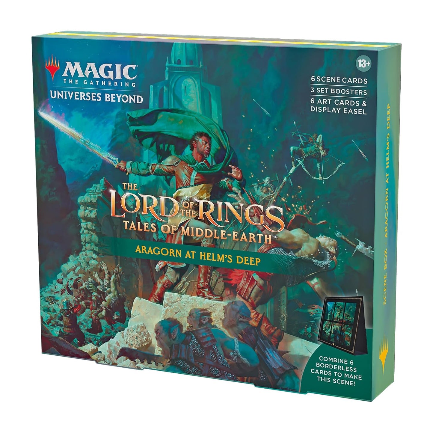 Magic: The Gathering The Lord of The Rings: Tales of Middle-Earth Scene Box - Aragorn at Helm’s Deep (6 Scene Cards, 6 Art Cards, 3 Set Boosters + Display Easel)