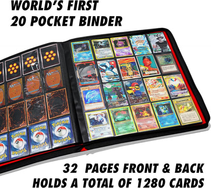 1280+ Cards 20 Pocket Card Binder Collector Card Album - Pages Compatible with Pokemon Cards, Sports Cards, Yugioh, MTG and Other TCG - Trading Card Sleeve with Side Loading Pockets (White/Red)