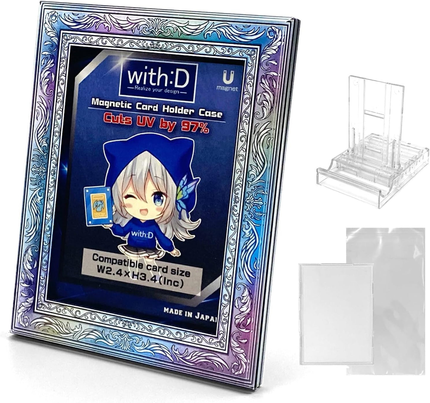 amazdone with:D Magnetic Card Display Case 35PT, UV Protection Acrylic Trading Card Holder with Inner Case, Premium Japanese Design for TCG & Sports Cards (Antique Rainbow)