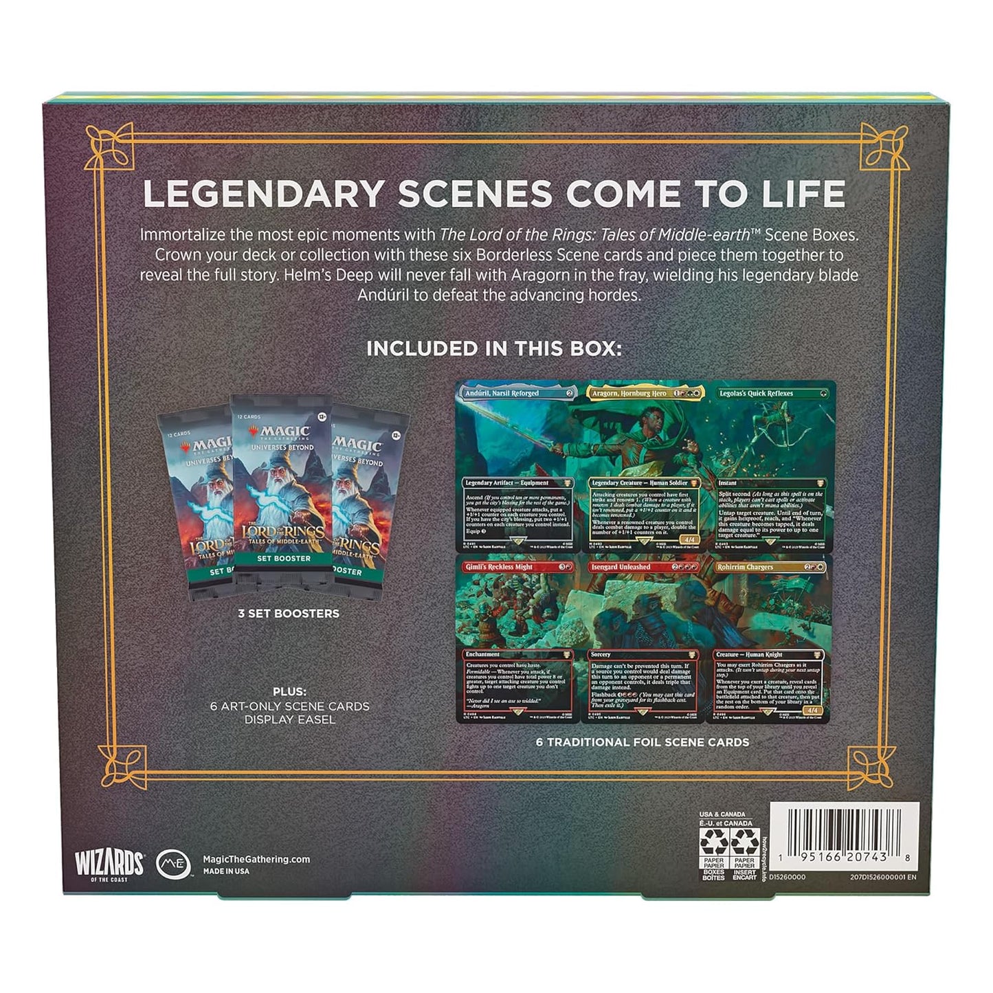 Magic: The Gathering The Lord of The Rings: Tales of Middle-Earth Scene Box - Aragorn at Helm’s Deep (6 Scene Cards, 6 Art Cards, 3 Set Boosters + Display Easel)